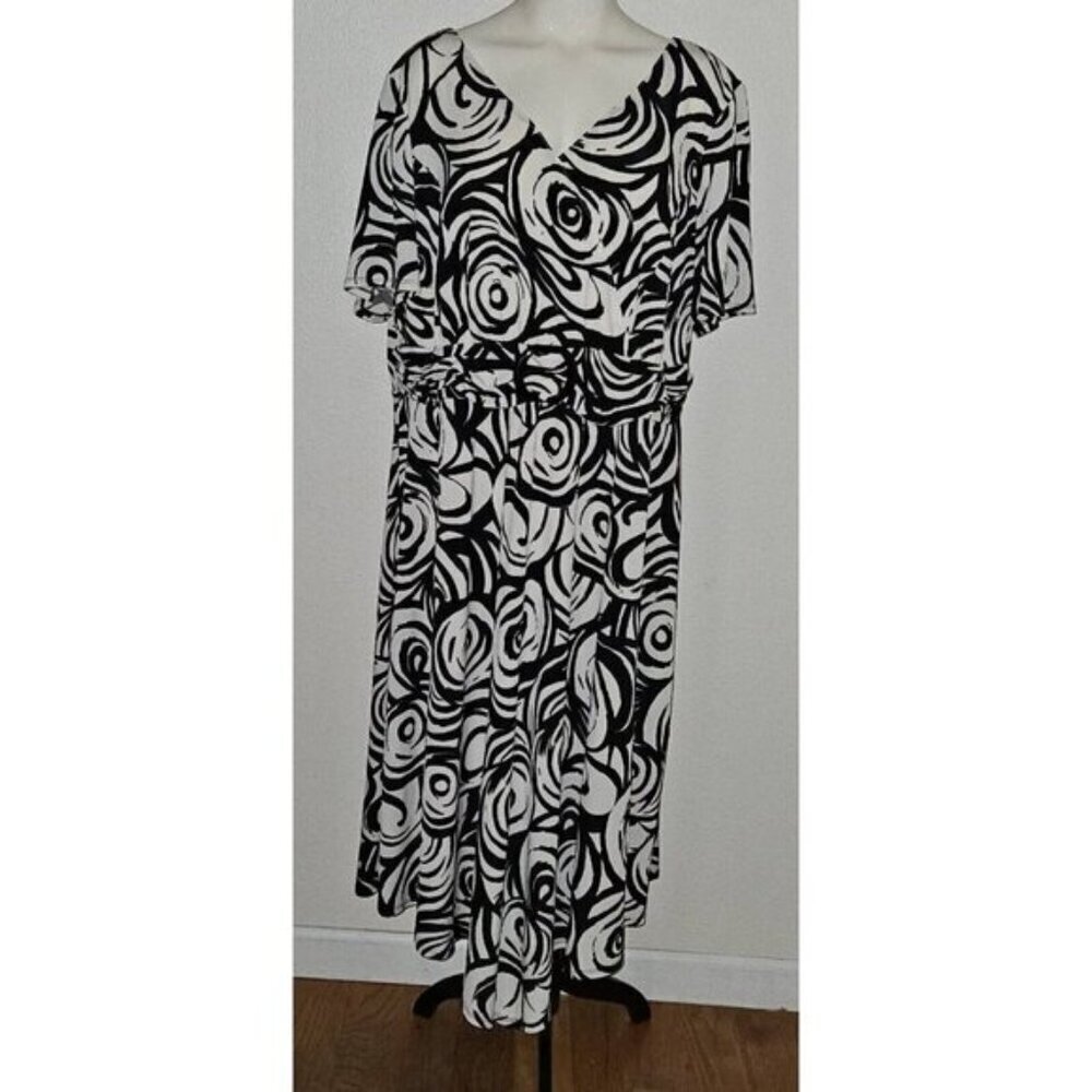 Danny & Nicole Black Ivory Swirl Print Dress Midi Plus Size 20W
